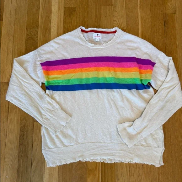 SUNDRY Rainbow Stripe Crew Neck Sweater Wool Cashmere Blend Scallop trim - Picture 3 of 9